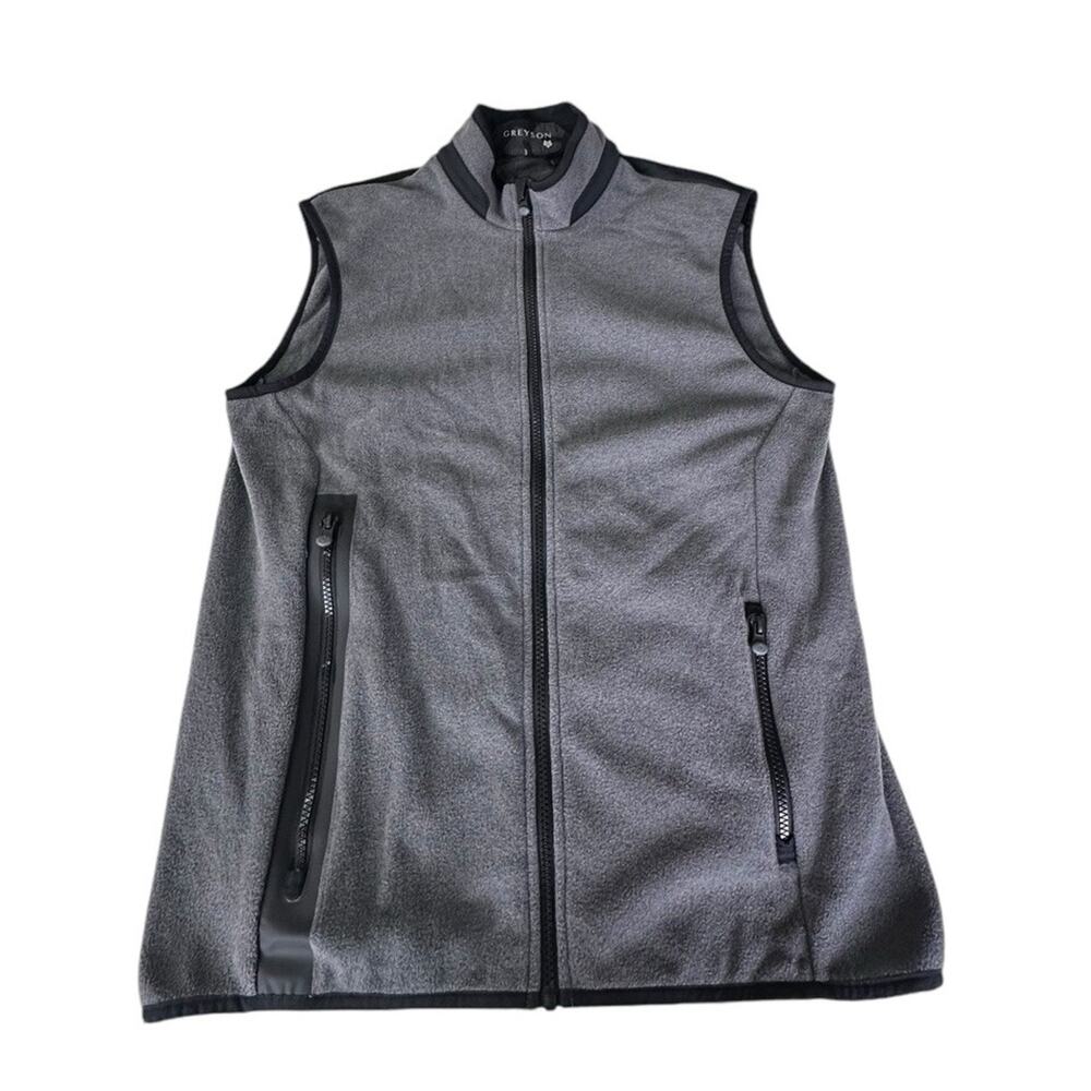 Greyson Algonquin Fleece Vest Gray Black Zip Primaloft Mock Neck Mens Sz S Logo